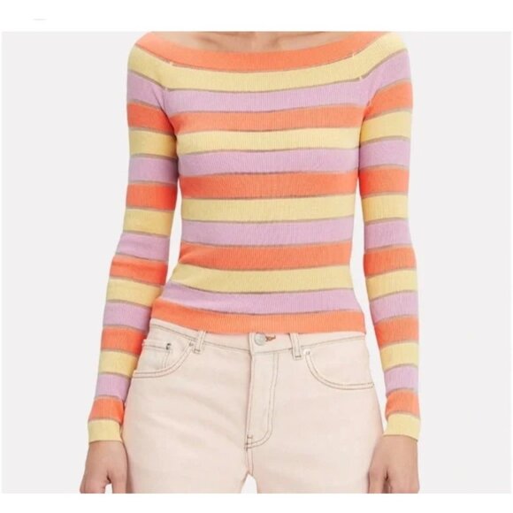Intermix Womens Sz L Striped Off-The-Shoulder Knit Top Multicolor Long-Sleeve - Picture 1 of 9